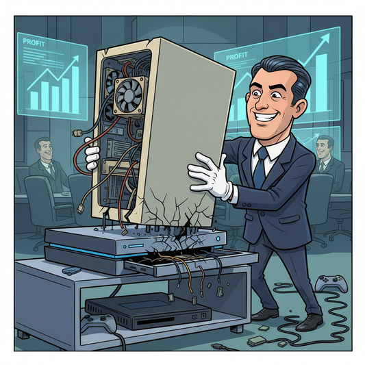 Corporate executive trying to shove a full-size PC tower into the tiny disc tray of a console, parodying lazy PC-to-console ports.