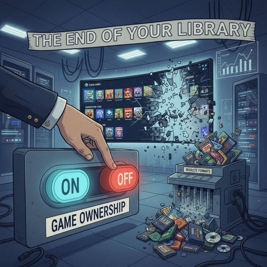 Corporate hand flipping a giant power switch off while a pile of classic game cartridges is trashed in the background, symbolizing companies killing game ownership