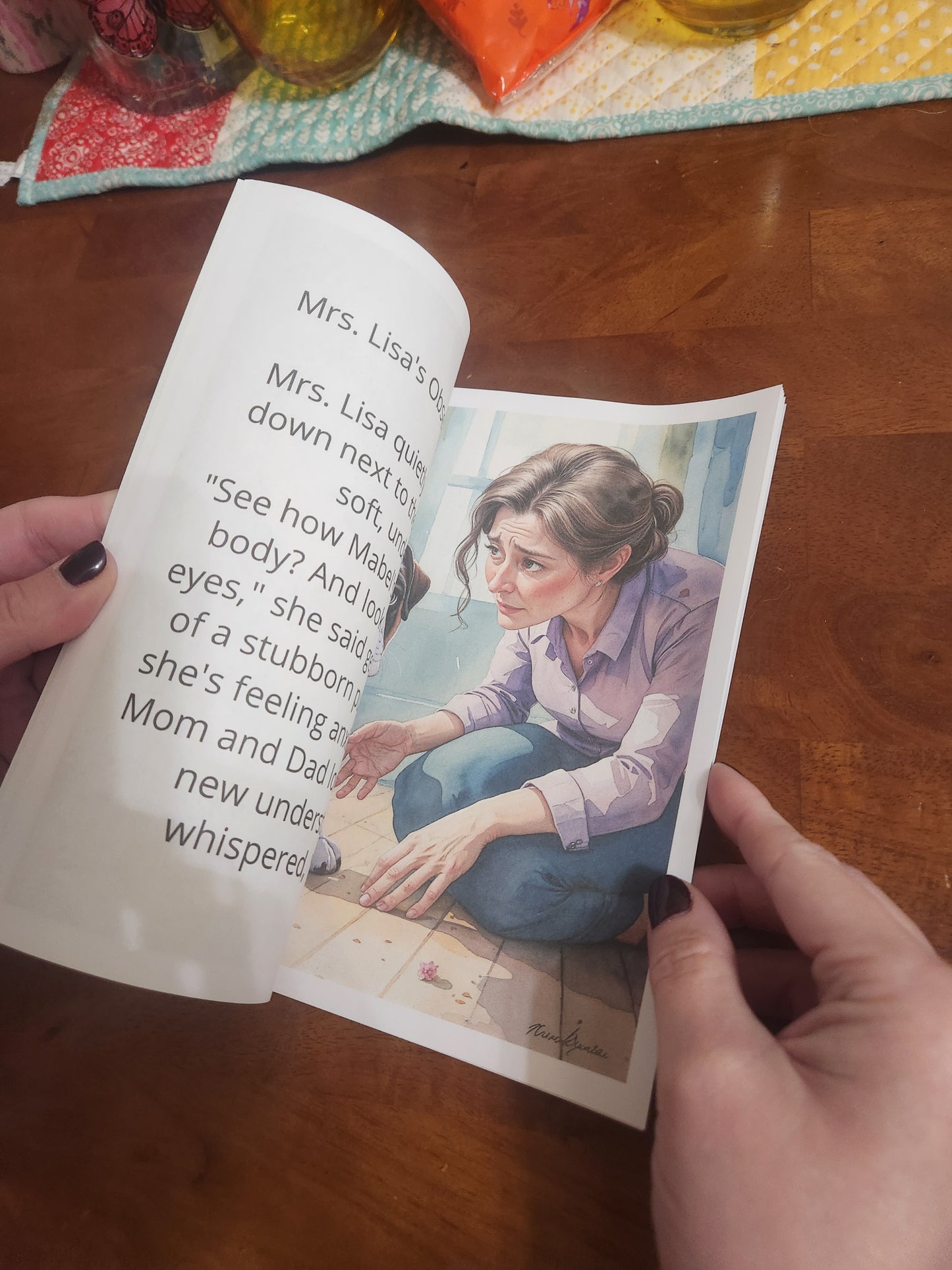 Mabel's picture book page spread showing watercolor illustration of girl kneeling beside English bulldog puppy in pet store, Christian children's book about family values