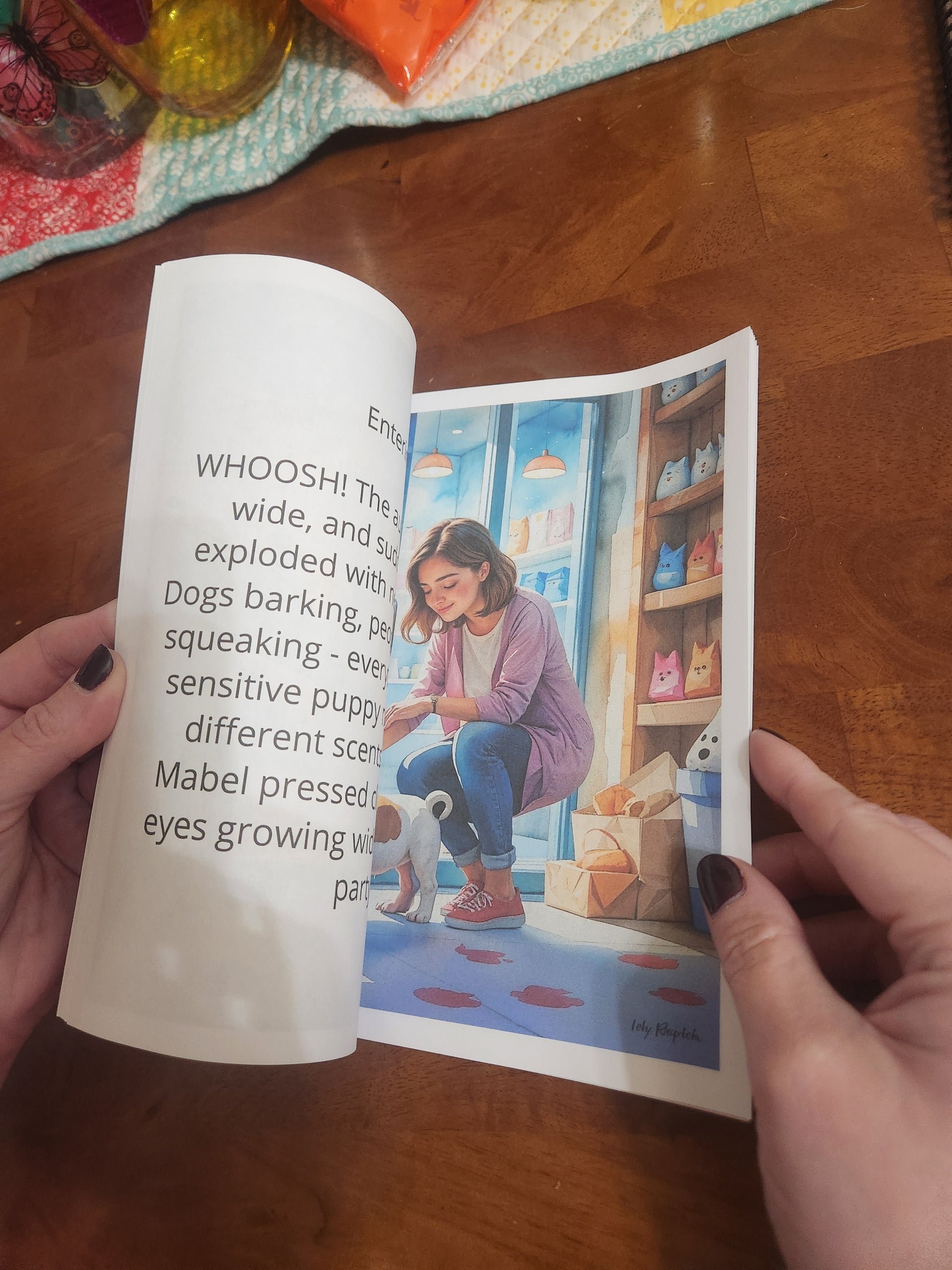 Mabel picture book interior showing watercolor illustration of mother comforting child about adopting English bulldog puppy, heartwarming story teaching empathy and compassion