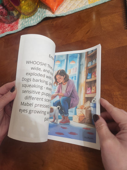 Mabel picture book interior showing watercolor illustration of mother comforting child about adopting English bulldog puppy, heartwarming story teaching empathy and compassion